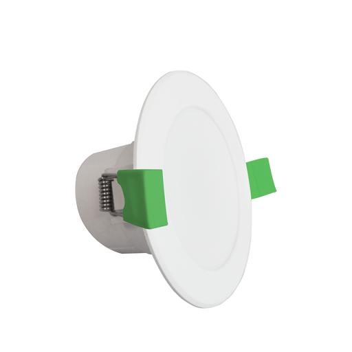 White LED downlight with green accents on a white background